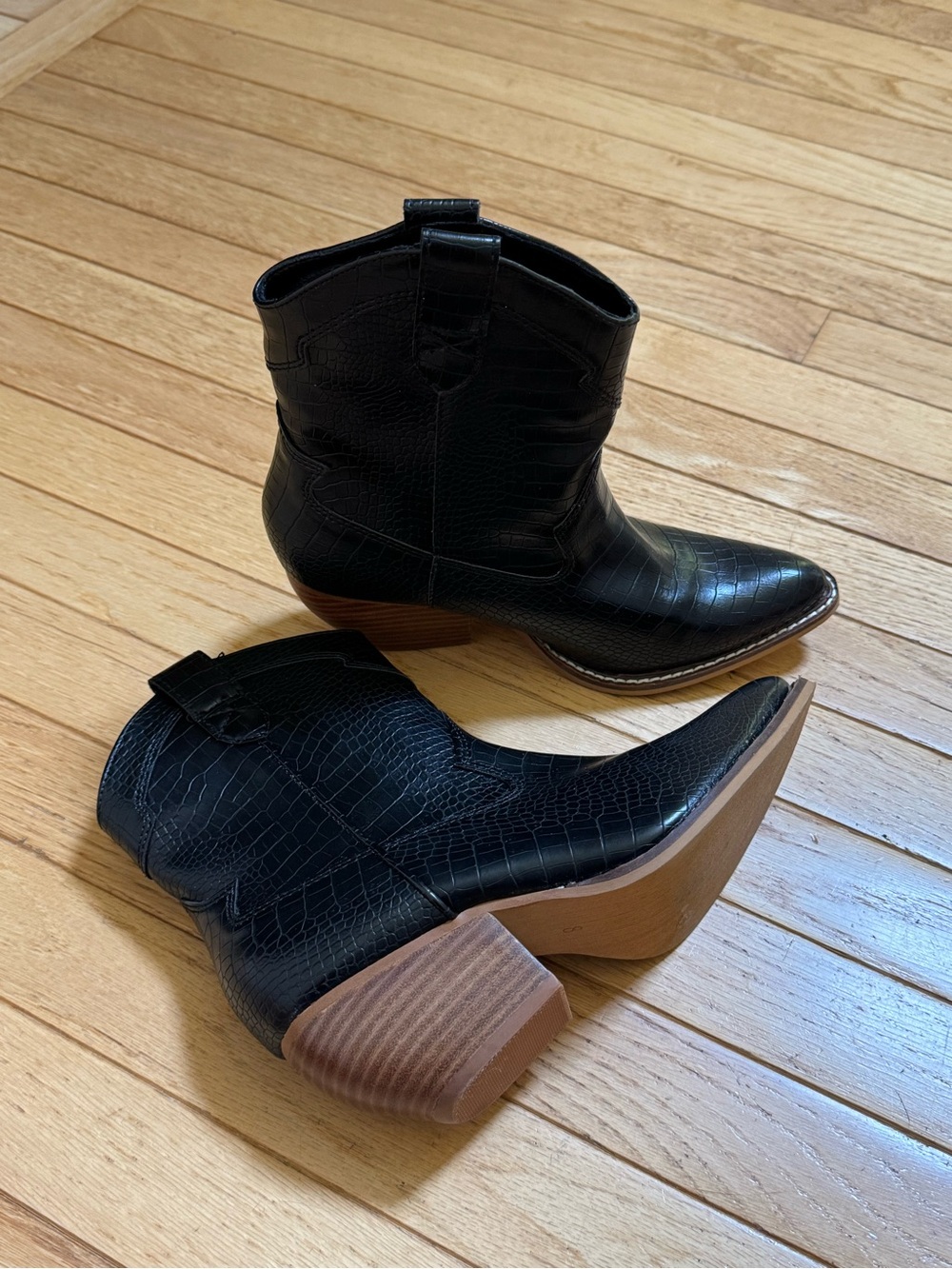 Black Croc-Embossed Western Ankle Booties with Stacked Heel